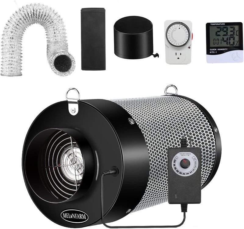 MELONFARM Air Filtration Kit 4", Built-in 14cm Fan Low Nois Carbon Filter with 12-Speed Controller, 8' Ducting & 6" Vent Cover, Cooling & Ventilation System for Grow Tents, Indoor Gardening - Image 1